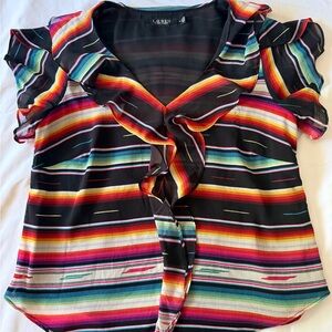 Y2K Ralph Lauren Black Multicolor Striped Ruffle V-Neck Blouse